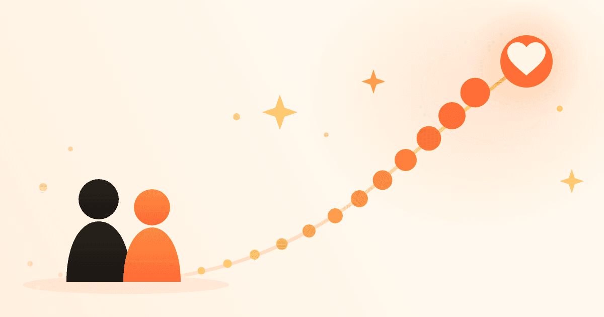 Illustration of small coral and gold lights curving upward across a warm background above two abstract figures standing side by side