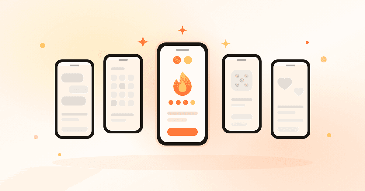 Illustration of a row of phone screens on a warm background, each showing a different couples app feature, with one screen glowing coral