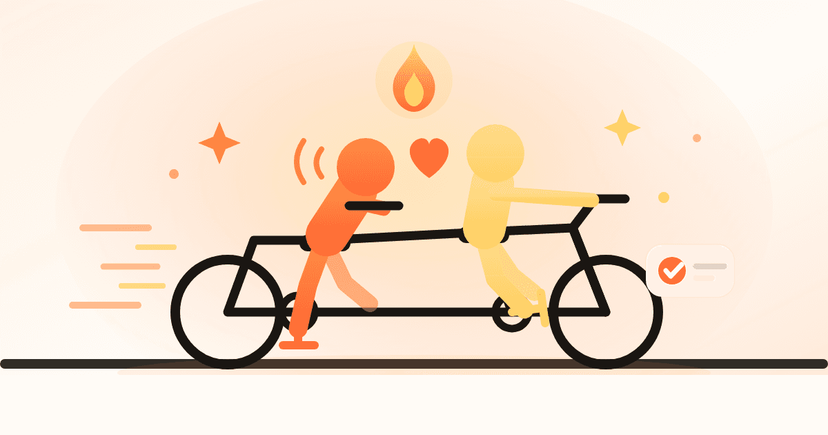 Illustration of two people on a tandem bicycle, one pedalling hard and one coasting, with the bike still moving forward and a shared streak flame above them
