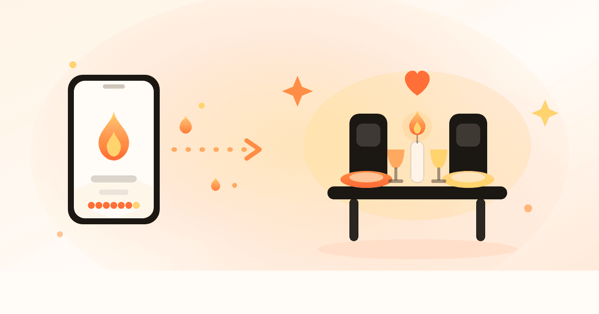 Illustration of a streak flame transforming into a laid dinner table for two, showing a digital streak turning into a real-world reward