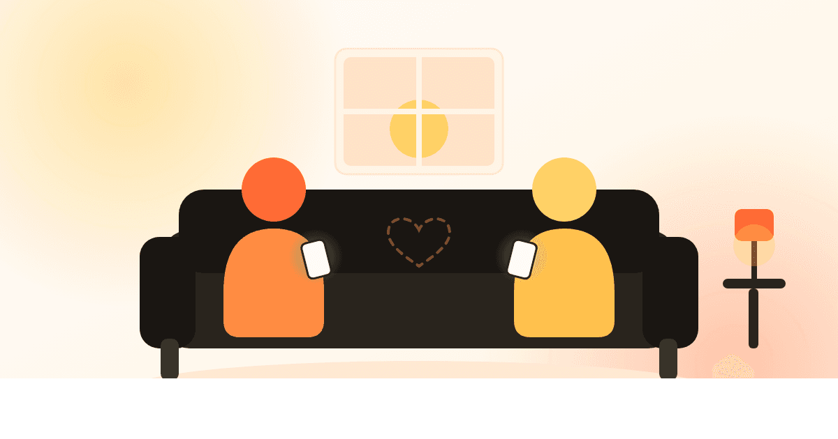Illustration of a couple sitting on the same sofa, each absorbed in their phone, with a faded dotted heart in the space between them